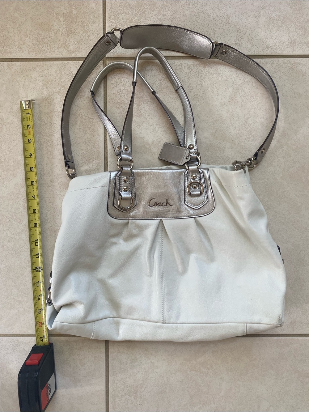 Coach White and Silver Leather Tote with Double Straps